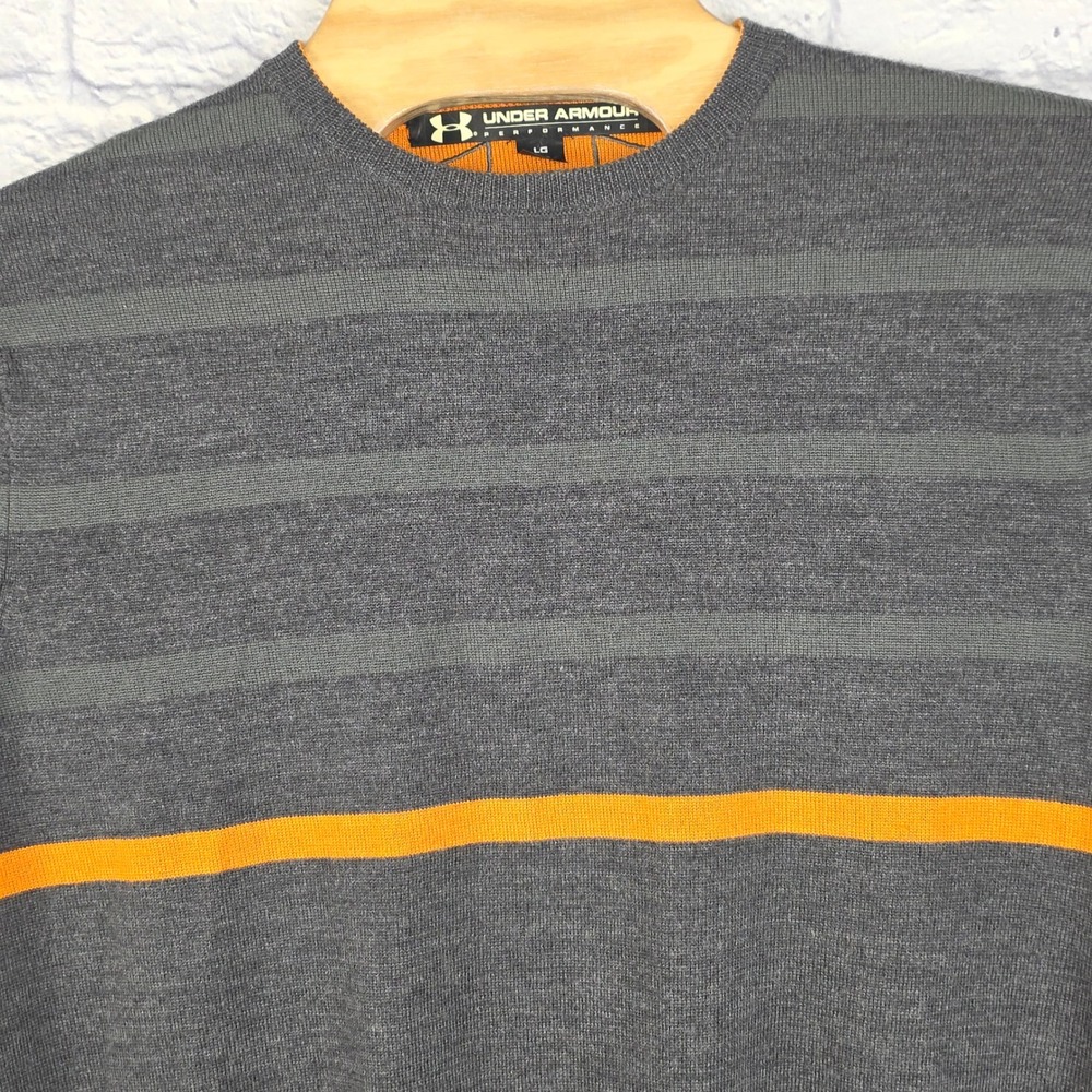 Under Armour Performance Mens Merino Wool Sweater Grey Orange Striped Sz Large